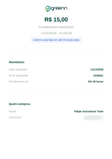 Pop-up com o comprovante de reembolso