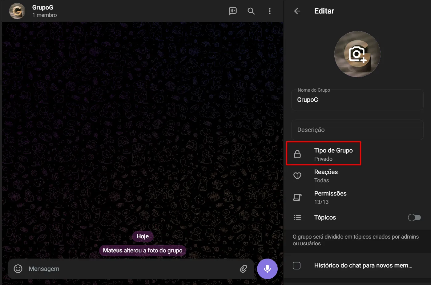 Criação de grupo privado no Telegram