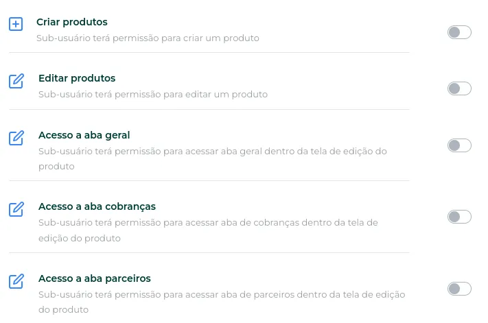Lista de permissões disponíveis para sub-usuários, parte 3