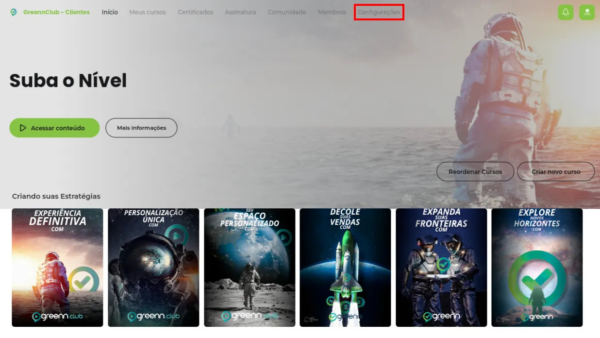 Menu com Configurações