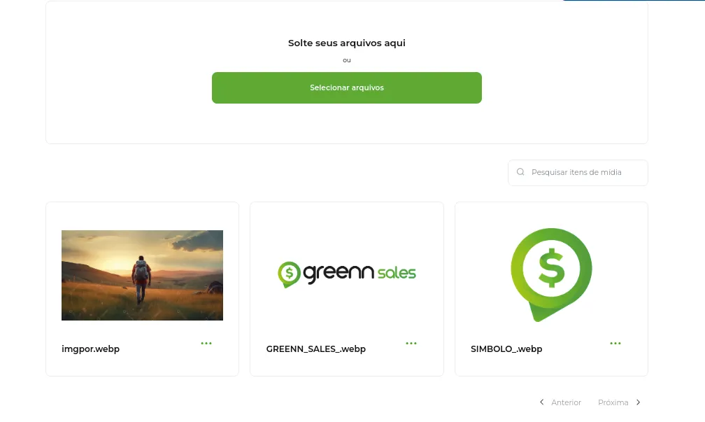 Tela da Greenn Sales: Após adicionar as imagens, elas aparecerão logo abaixo