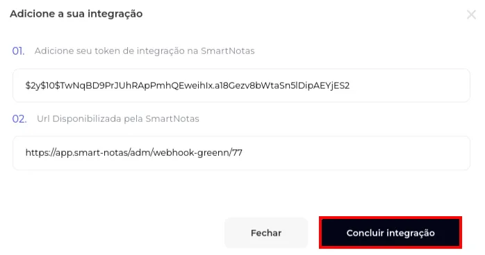 Campo para colar o código da SmartNotas e botão Concluir
