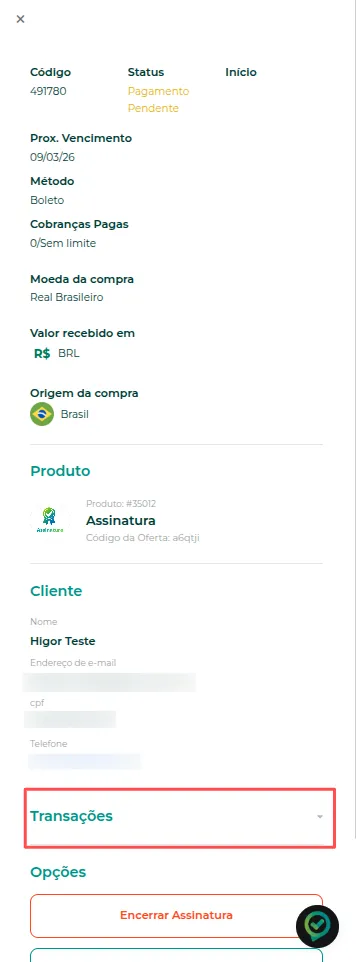 Aba Transações nos detalhes da assinatura