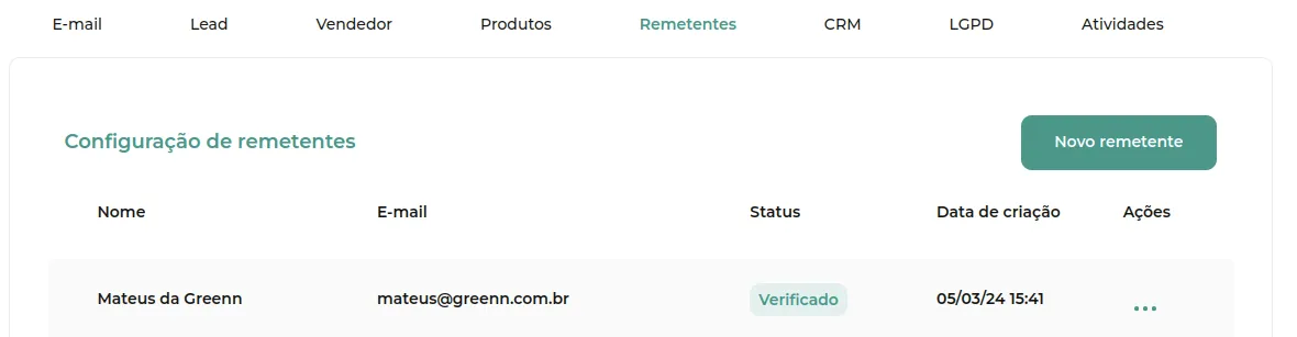 Tela da Greenn Sales: Após verificar, volte para a mesma aba de Remetentes, e repita o processo