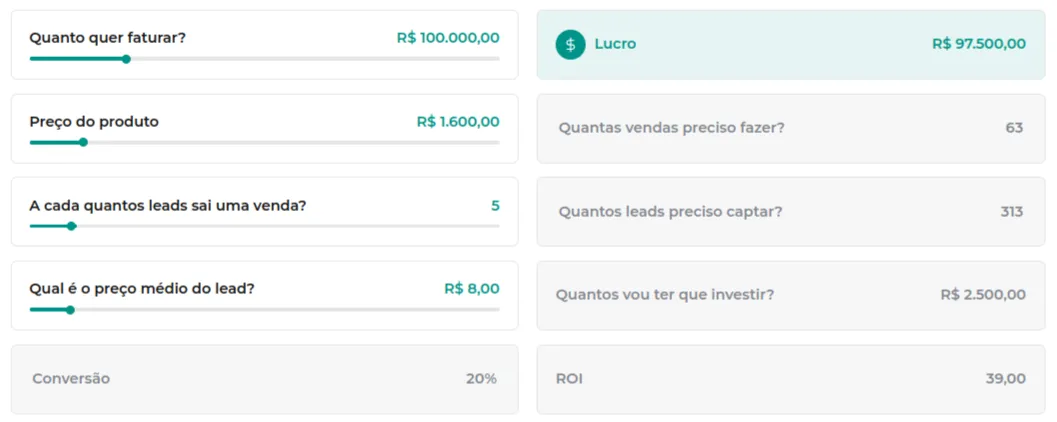 Simulação com os valores calculados pelo sistema