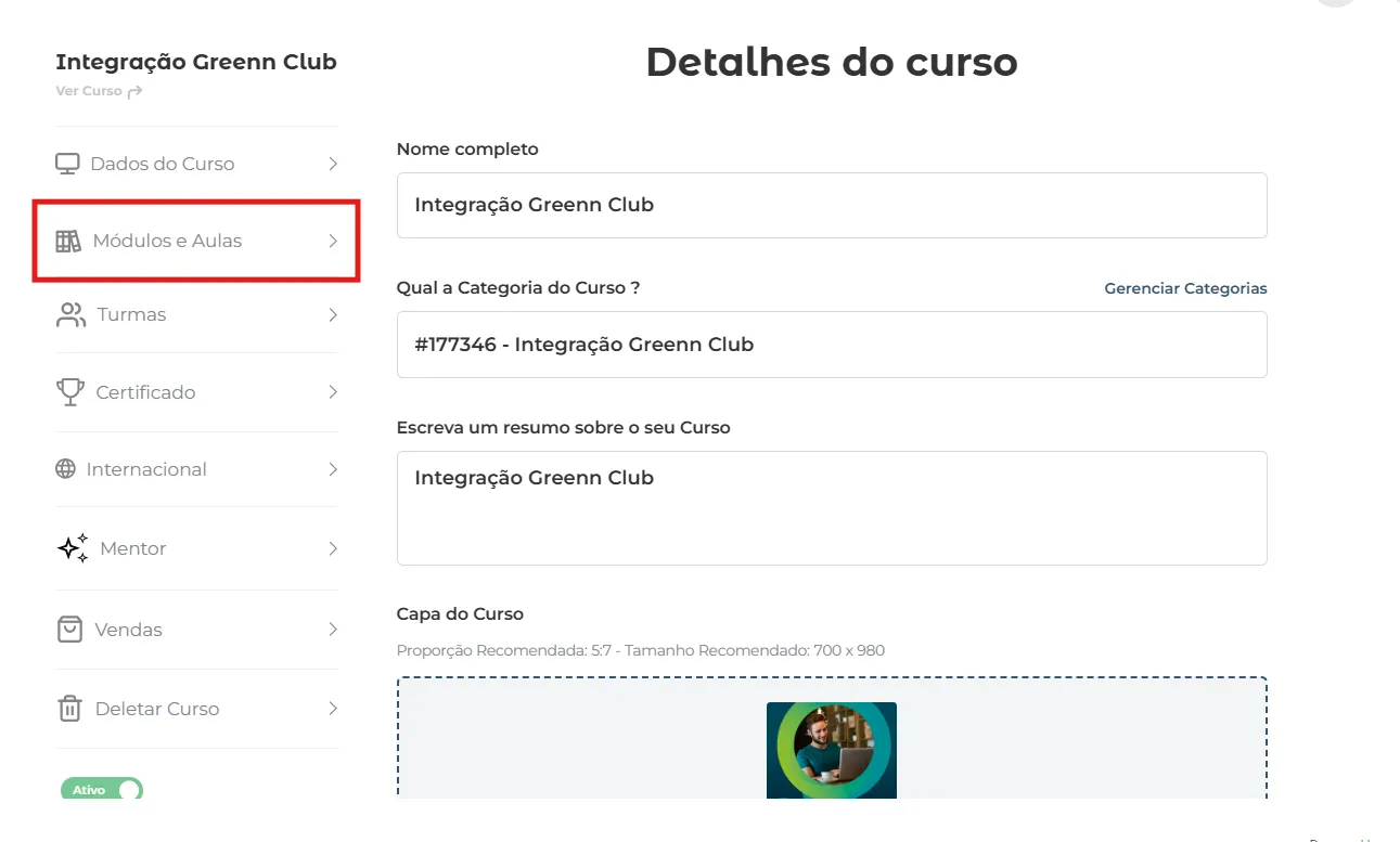 Menu do curso com Módulos e Aulas