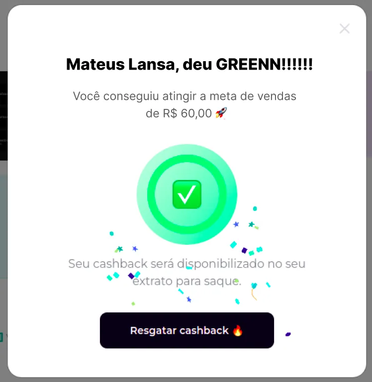 Pop-up de parabéns ao bater a meta do Cashback