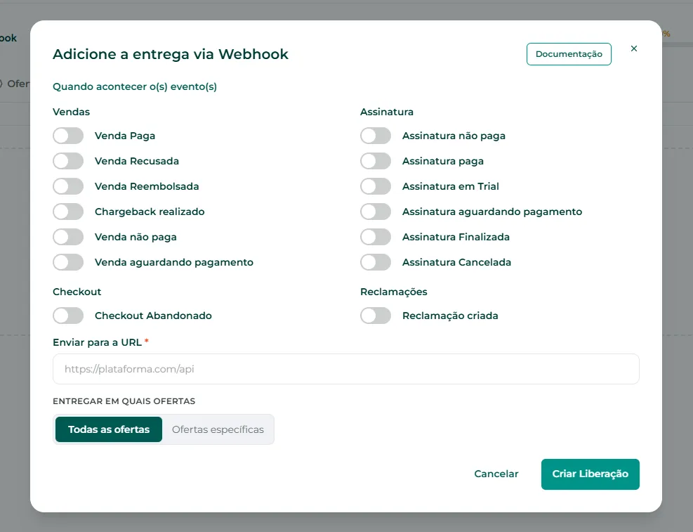 Tela de escolha dos eventos do webhook