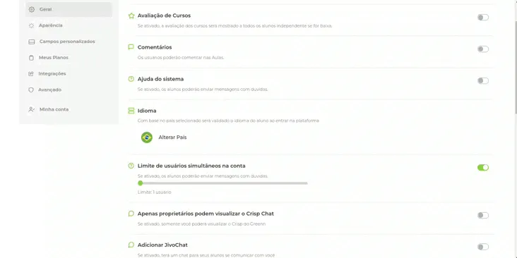 Gravação da tela escolhendo o número de acessos simultâneos