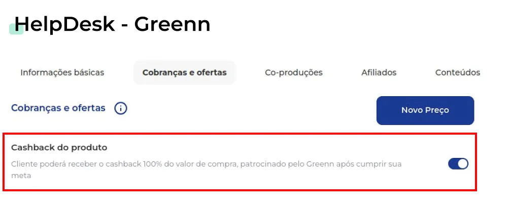 Opção Cashback do Produto ativada
