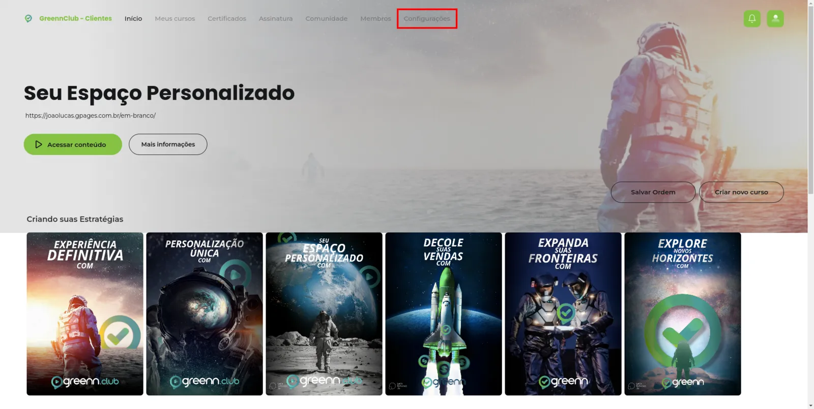 Menu do painel com Configurações
