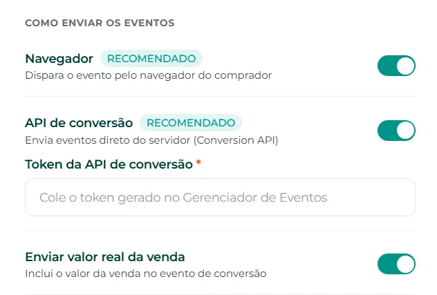 Tela de configuração dos eventos do pixel com as opções recomendadas