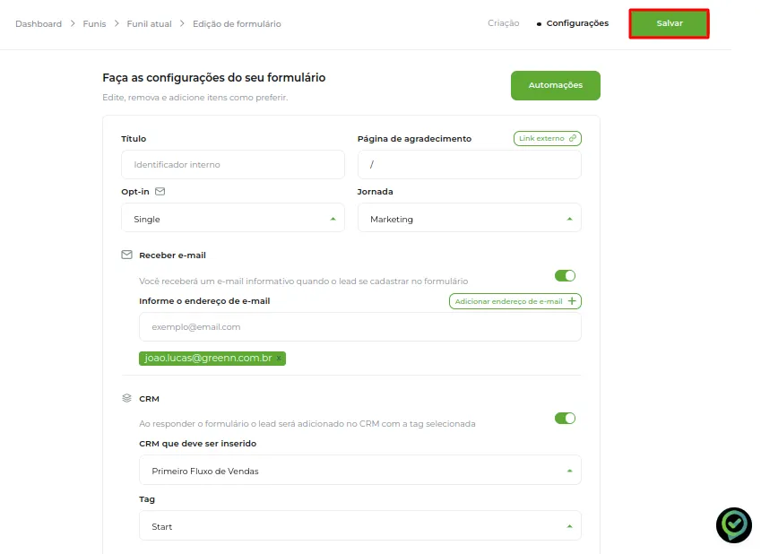 Tela do passo: Após adicionar todas as Configurações clique em Salvar