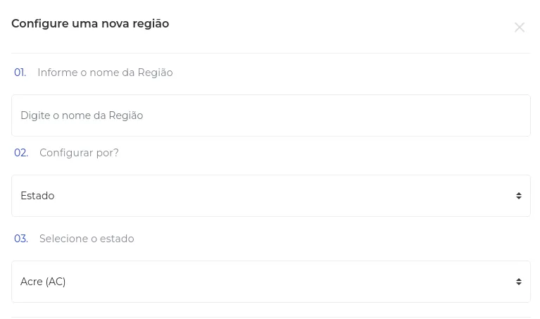 Formulário de nova região de frete grátis