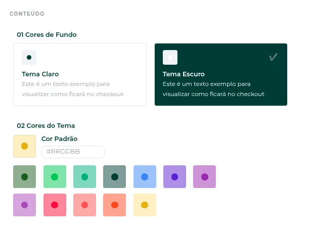 Opções de tema e cores aplicadas ao checkout