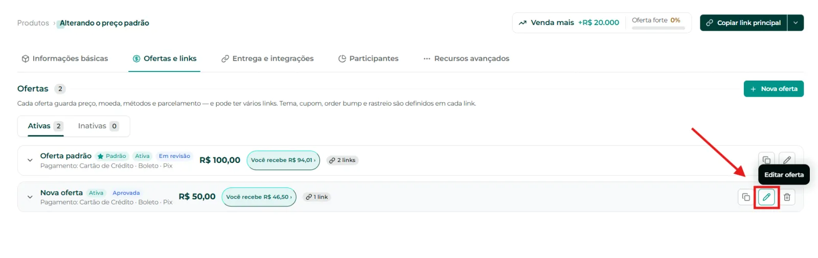 Lista de ofertas com o lápis de edição