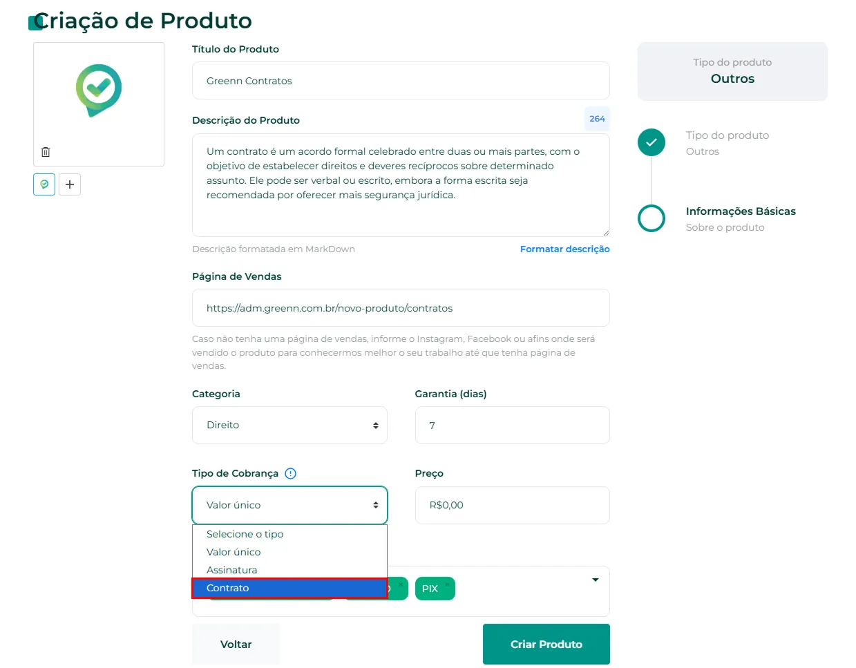 Opção Contratos disponível no cadastro do produto