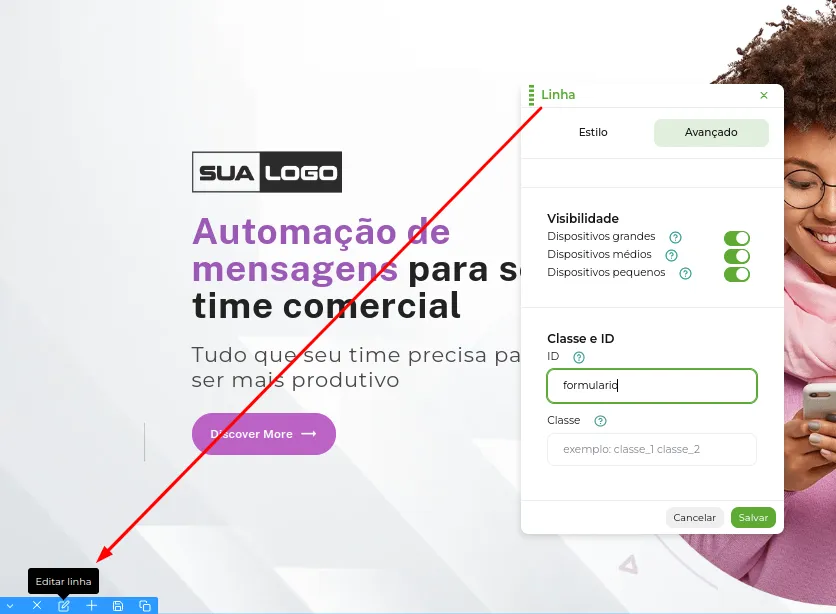 Tela do passo: Como último passo vá até a linha desejada e altere o ID do mesmo em Avançado