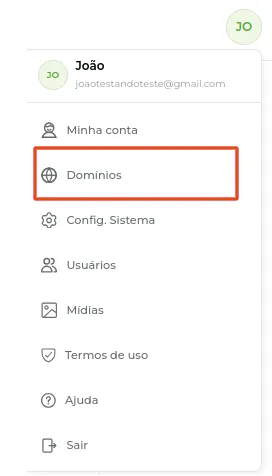 Menu direito com a opção Domínios
