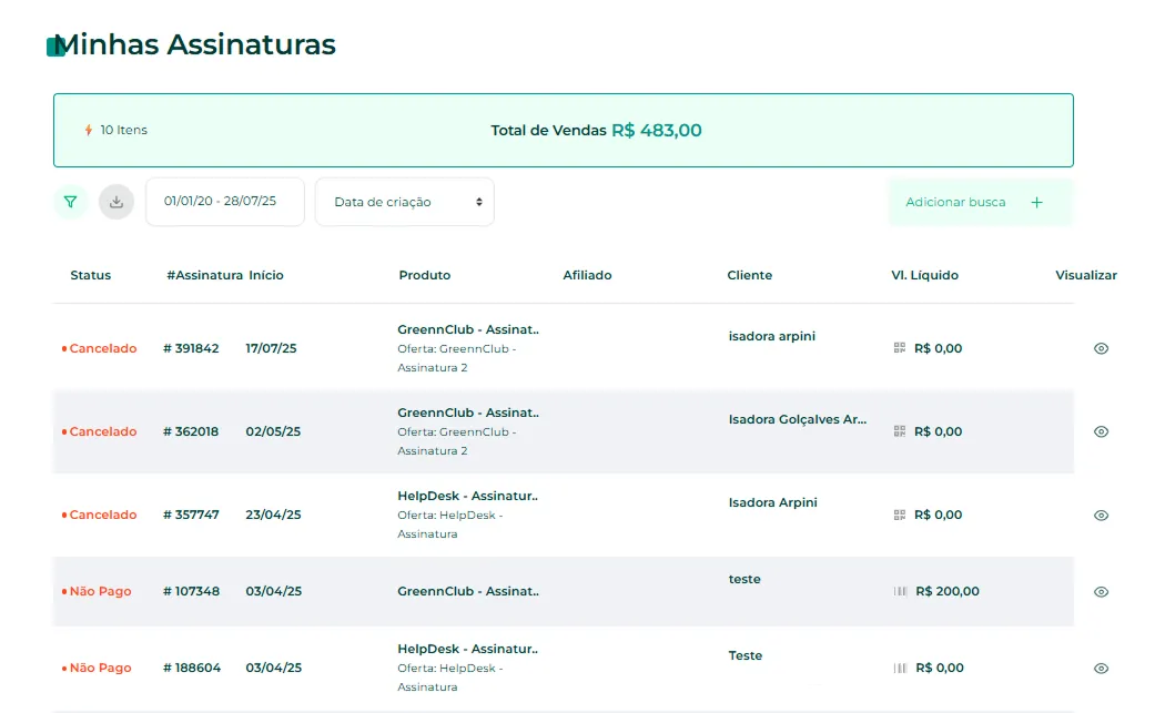 Lista de assinaturas filtrada