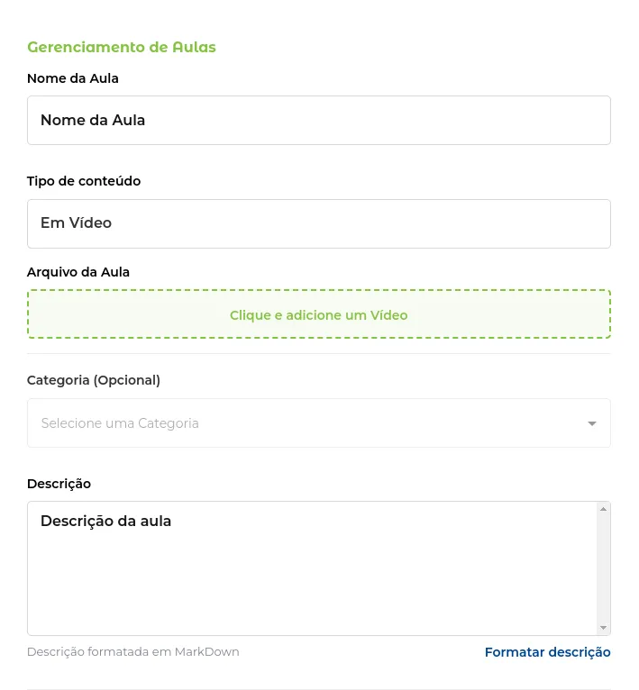 Tela de edição da aula com todos os campos