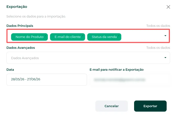 Campo Dados Principais da exportação