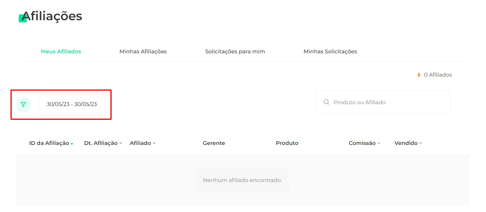 Filtros da tela de Afiliações