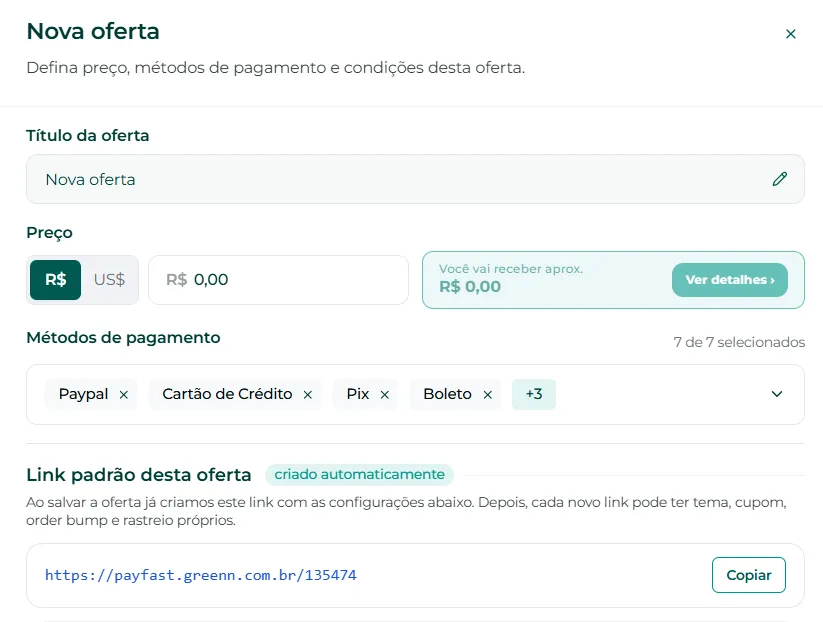 Formulário de nova oferta de valor único com nome, preço e métodos de pagamento