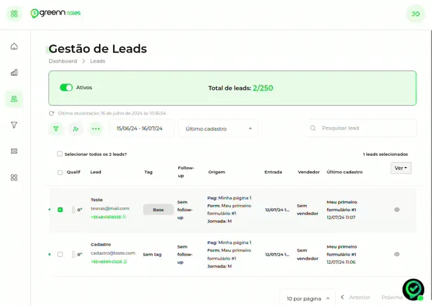 Tela da Greenn Sales: Selecione seus Leads, clique e Ações e Automação Vendedor