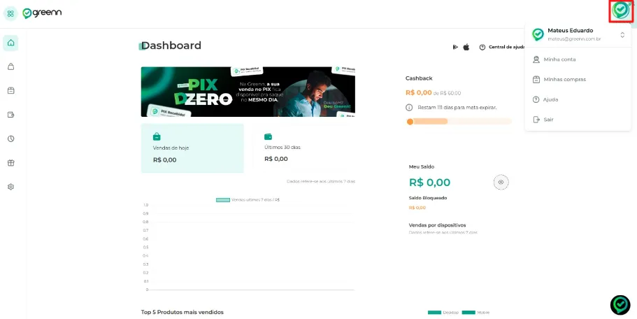 Ícone de usuário no canto superior direito do dashboard