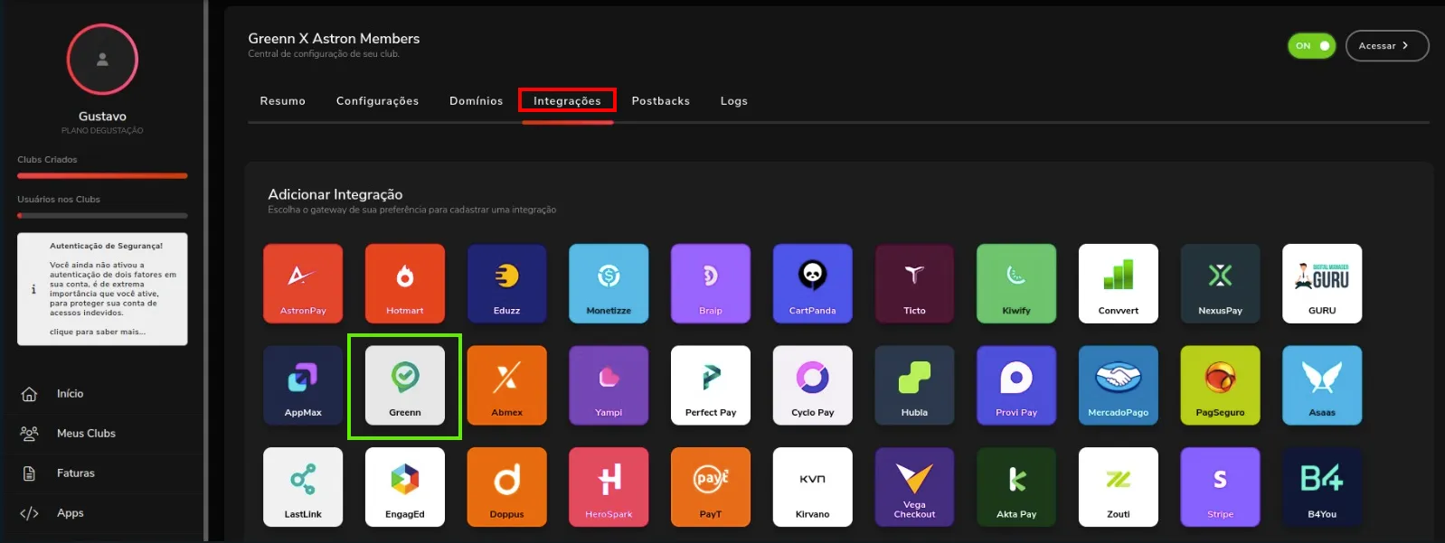 Integração Greenn na lista de integrações