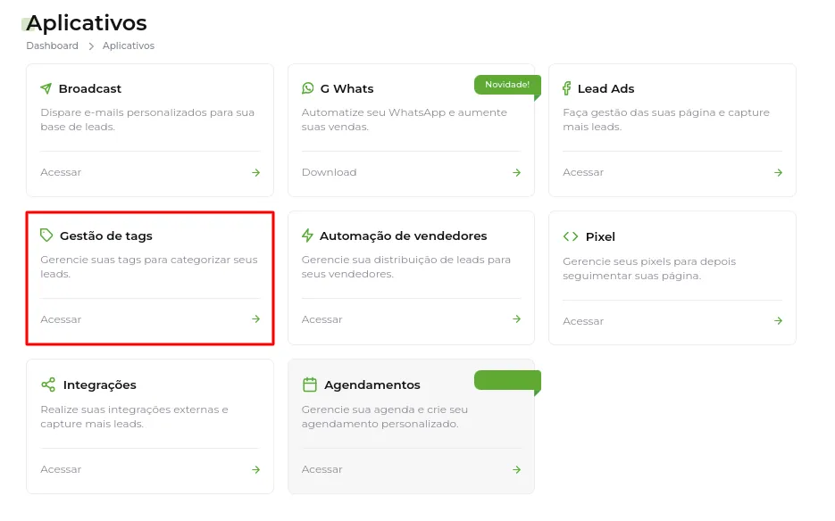 Tela da Greenn Sales: Acesse Gestão de Tags