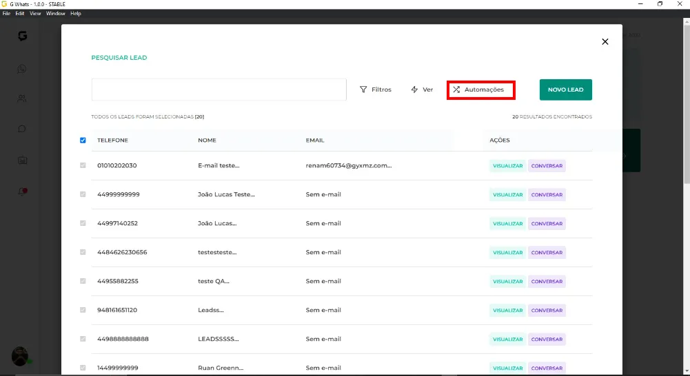 Tela da Greenn Sales: Selecione os contatos e clique em Automações