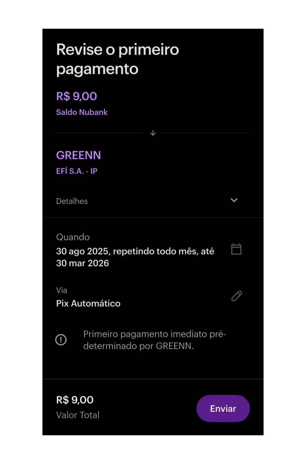 Tela do banco para revisar e confirmar o pagamento