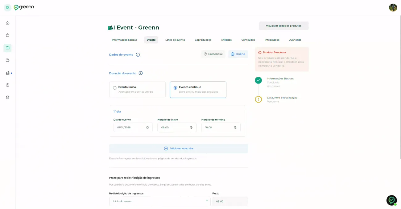 Configuração de evento contínuo