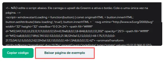 Opção Baixar página de exemplo ao lado de Copiar código