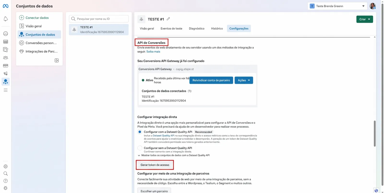 Seção API de Conversões com o link Gerar token de acesso
