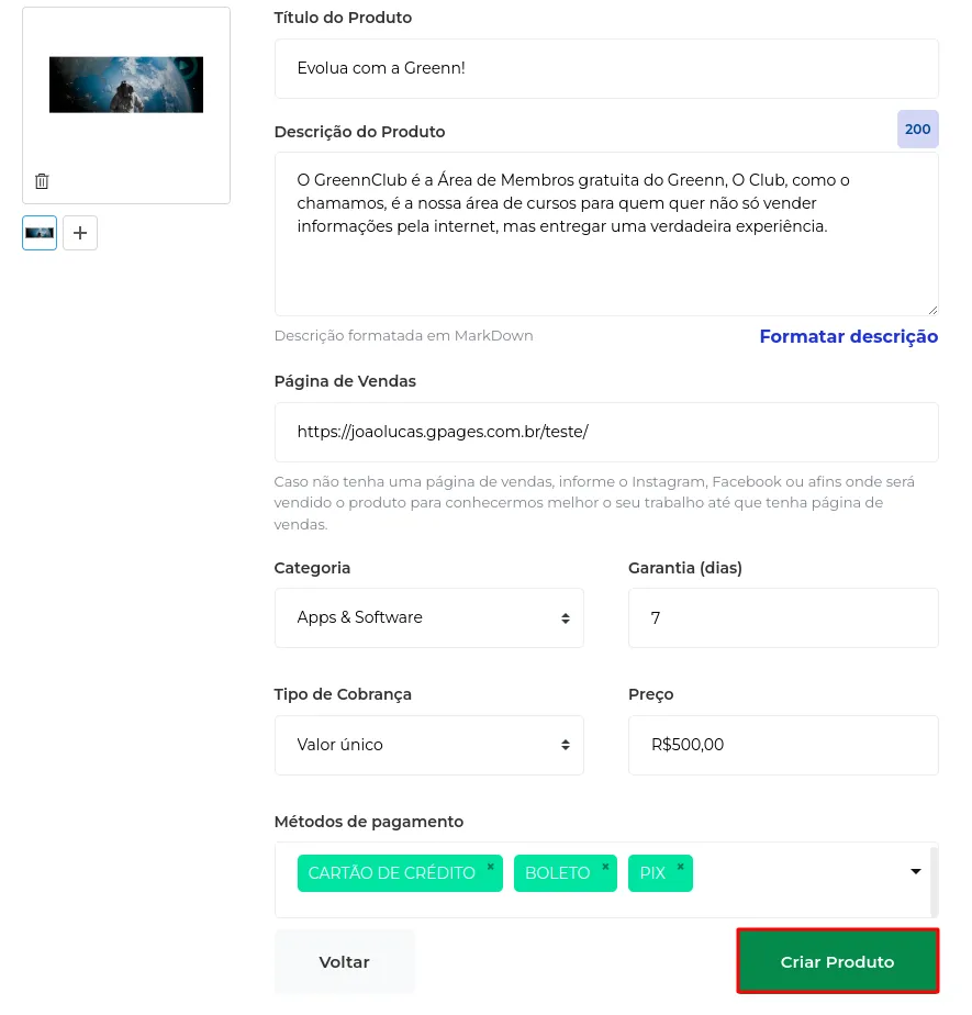 Botão Criar Produto