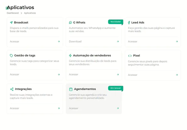 Tela da Greenn Sales: Clique em Acessar, logo após selecione a opção Aplicativo e o confirme no botão Sim