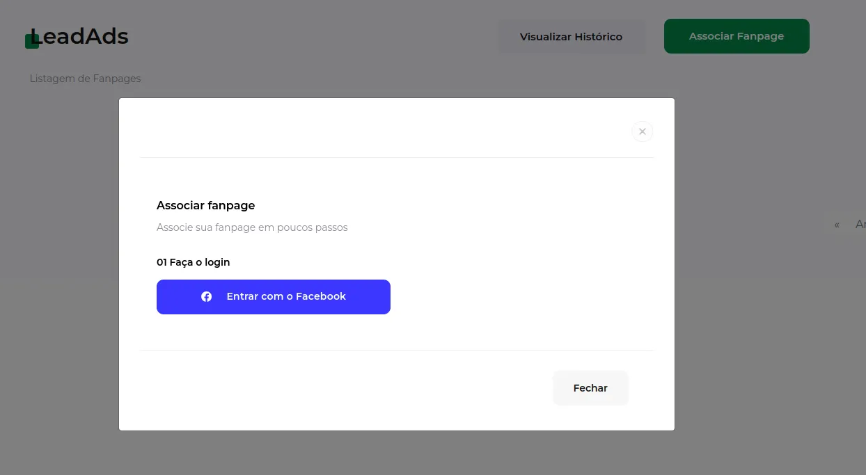 Tela do passo: Vamos iniciar a integração entre sua Conta do Facebook e a Greenn Sales