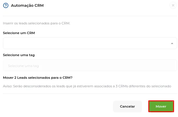 Tela do passo: Após adicionar as informações, clique em Mover e depois Confirmar