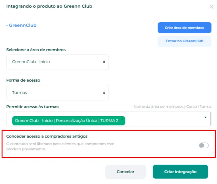Botão Conceder acesso a compradores antigos