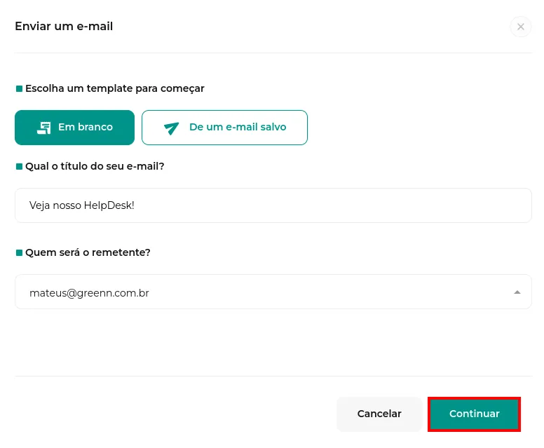 Tela da Greenn Sales: Após adicionar as informações, clique em Continuar
