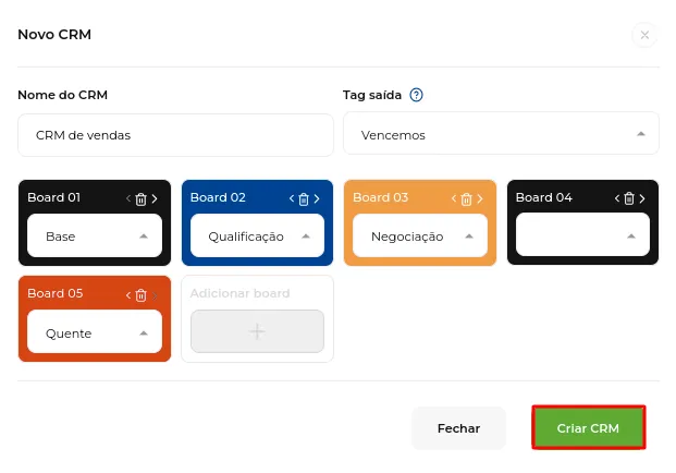 Tela do passo: Após adicionar todas as informações, basta Criar CRM