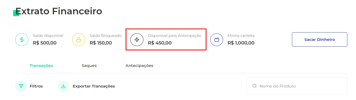 Extrato mostrando o valor disponível para antecipação