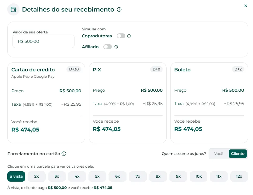 Simulação de recebimento da oferta