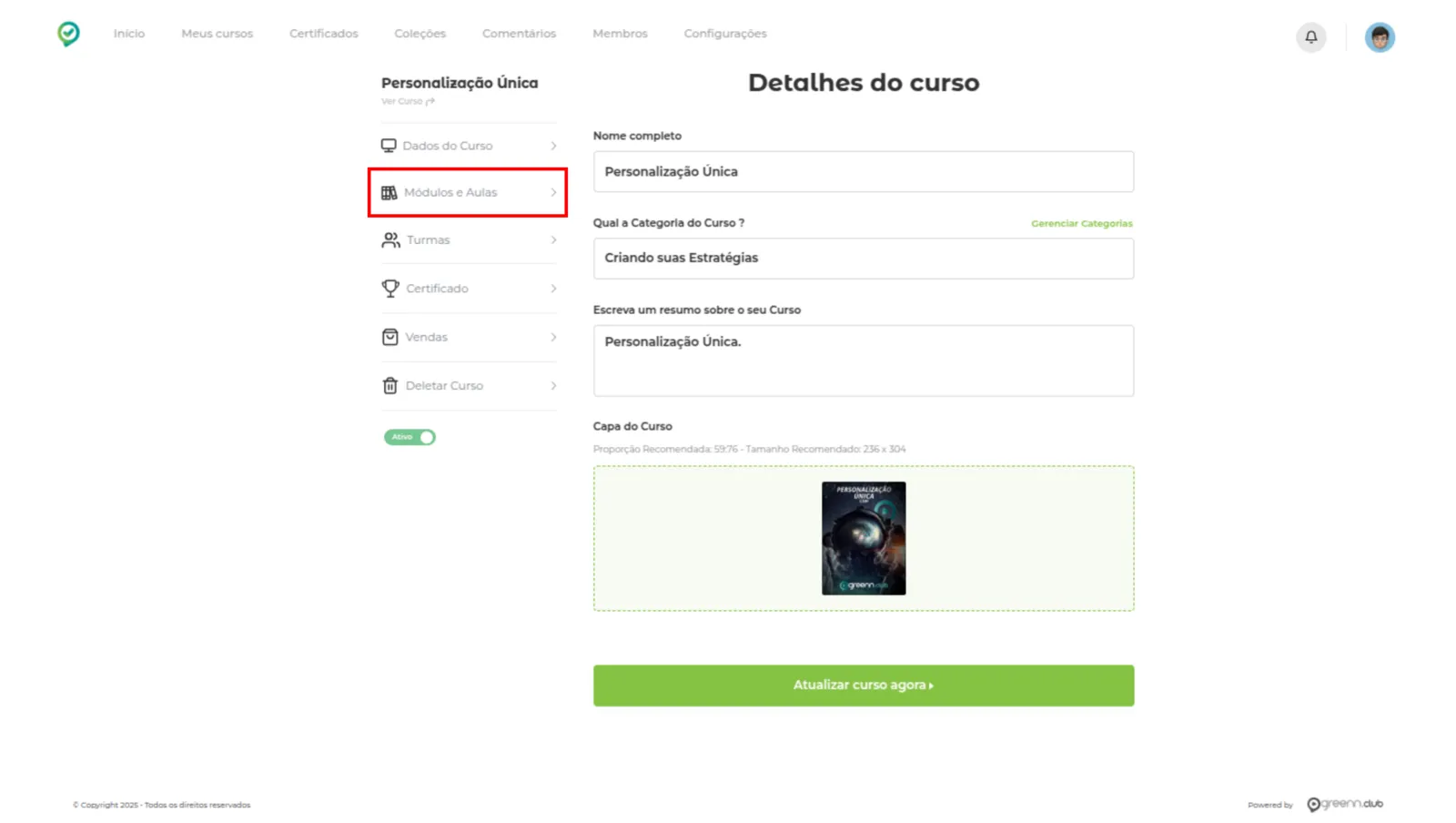 Menu do curso com Módulos e Aulas