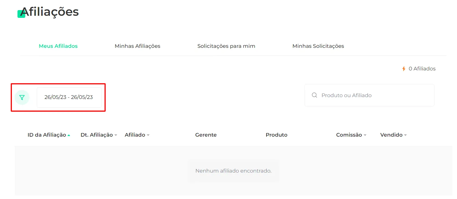 Filtros e seletor de data na tela de Afiliações