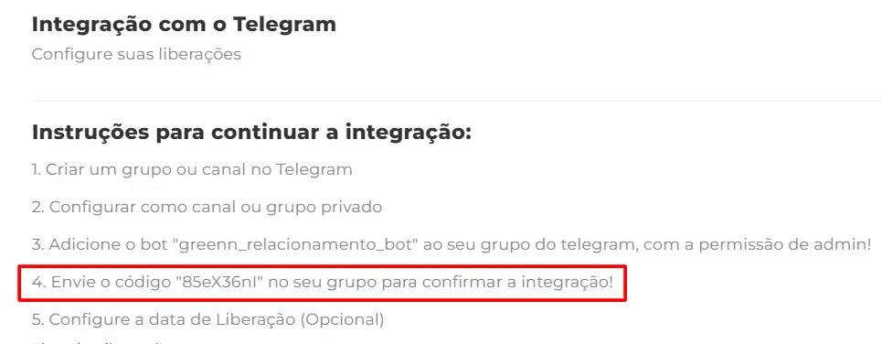 Código enviado no grupo do Telegram