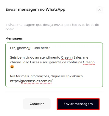 Tela da Greenn Sales: Após criar sua mensagem clique em Enviar Mensagem